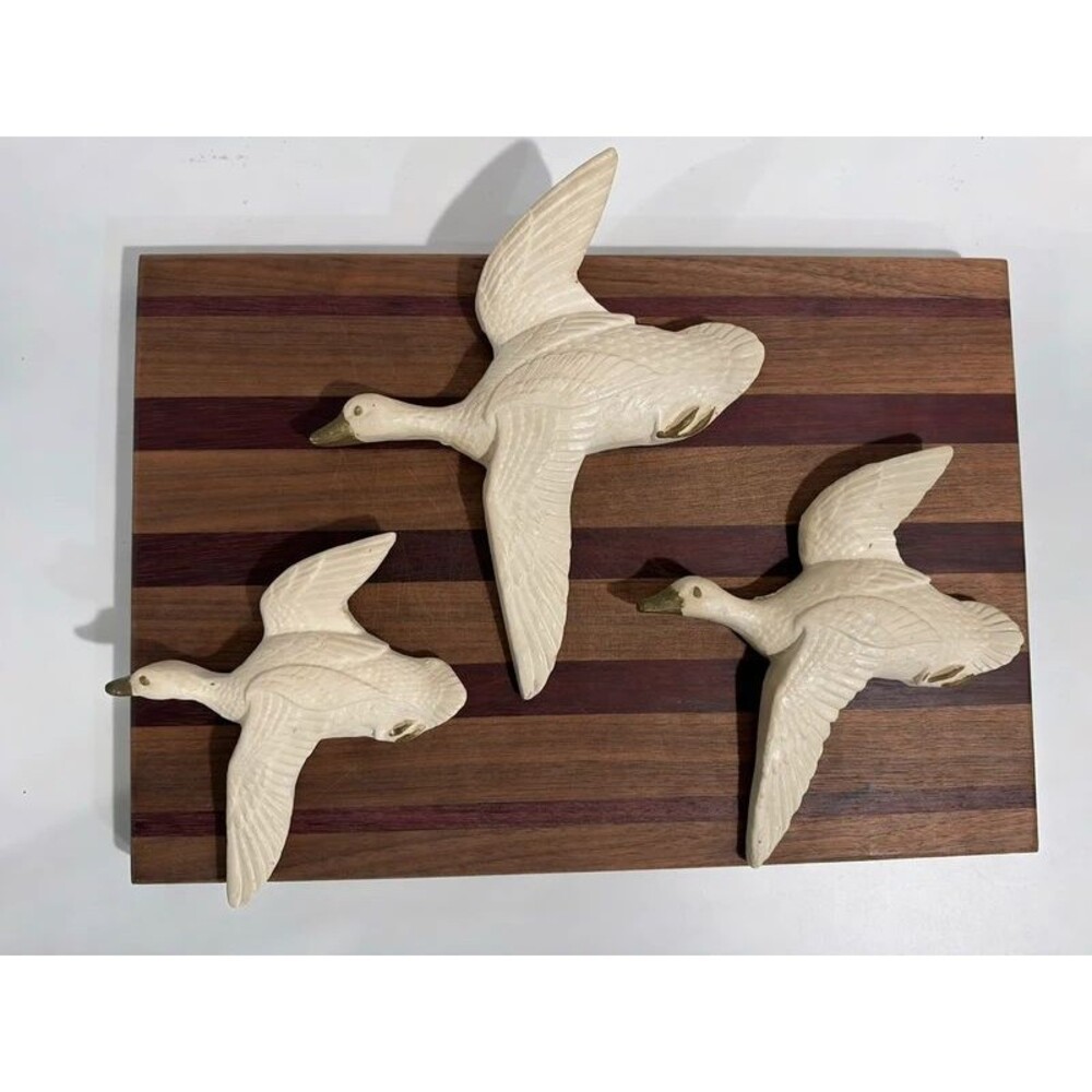 Vintage set of mid century white chalkware flying bird geese duck wall plaques